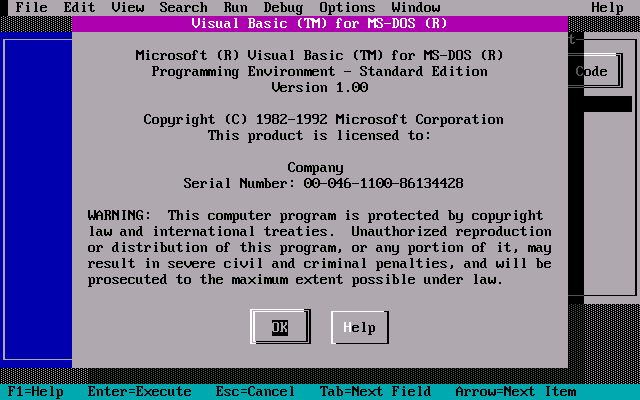 Microsoft Visual Basic 1.0 for DOS - About